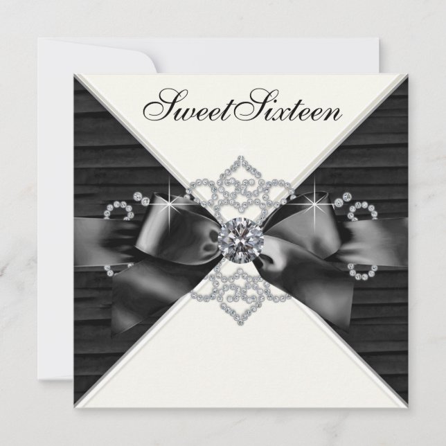 Invitación Diamantes blancos Dulce blanco negro Dulce 16 Fies (Anverso)