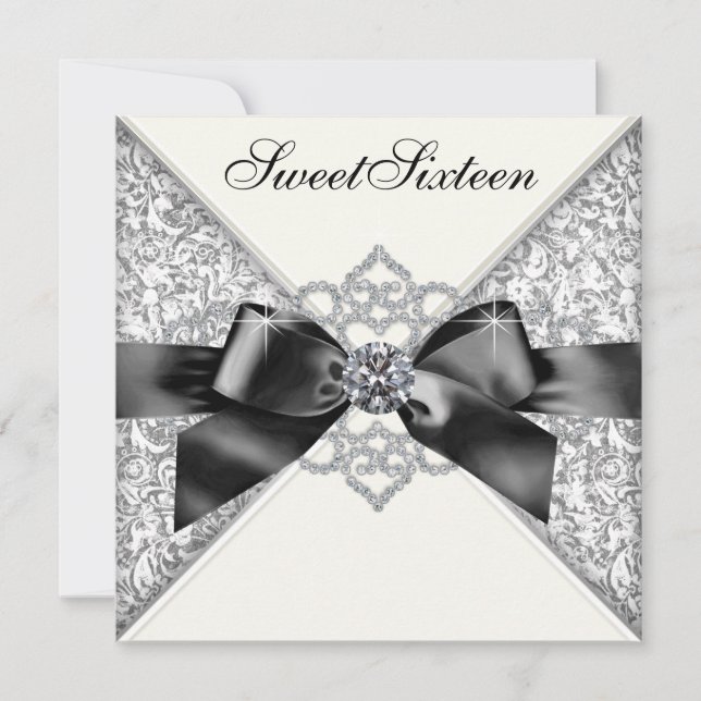 Invitación Diamantes blancos Dulce blanco negro Dulce 16 Fies (Anverso)