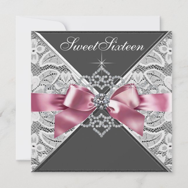 Invitación Diamantes blancos dulce negro rosado 16 cumpleaños (Anverso)