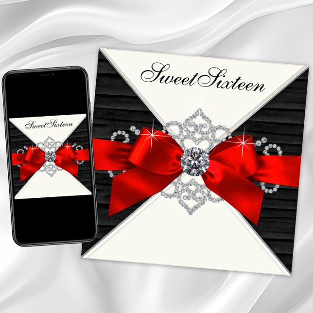 Invitación Diamantes Blancos Negros Fiesta de Cumpleaños 16 D (Red and black Sweet 16 invitation with red bow and diamonds. Red and black any occasion invitation.)