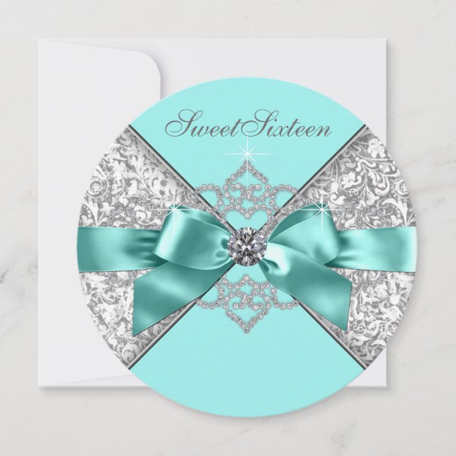 Invitación Diamantes blancos Verde azulado dulce azul 16 fies (Anverso)