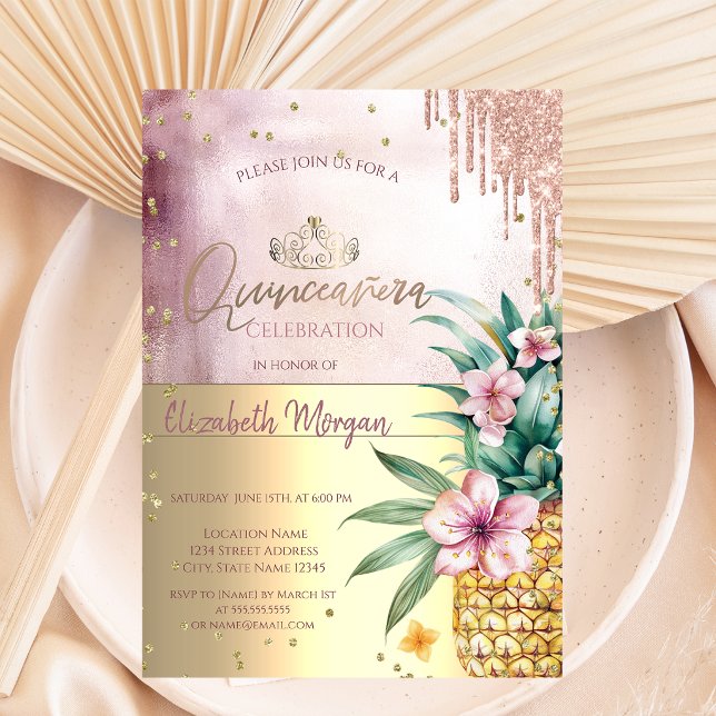 Invitación Diamantes, Brillo de Oro Rosa que Cae, Piña (Subido por el creador)
