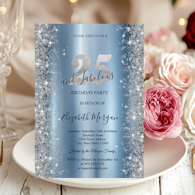 Invitación Diamantes Brillo de Plata Azul Cumpleaños 25 (Subido por el creador)