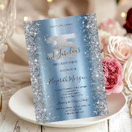 Invitación Diamantes Brillo de Plata Azul Cumpleaños 35