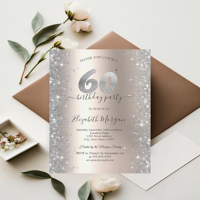 Invitación Diamantes Brillo de Plata Cumpleaños Marfil 60 (Subido por el creador)