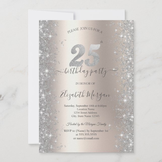 Invitación Diamantes Brillo de Plata Fiesta de Cumpleaños Mar (Anverso)