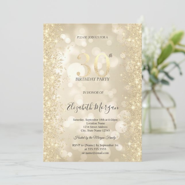 Invitación Diamantes Brillo Dorado Bokeh 30 Cumpleaños   (Anverso de pie)