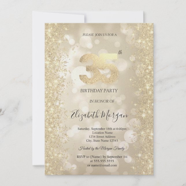 Invitación Diamantes Brillo Dorado Bokeh 35 Cumpleaños (Anverso)