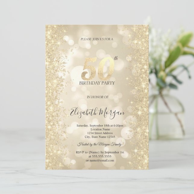 Invitación Diamantes Brillo Dorado Bokeh 50 Cumpleaños (Anverso de pie)