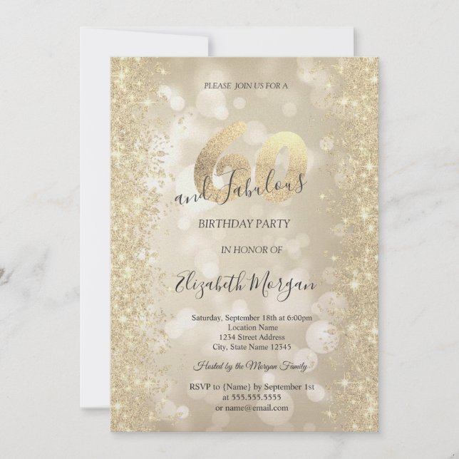 Invitación Diamantes Brillo Dorado Bokeh 60 Cumpleaños (Anverso)