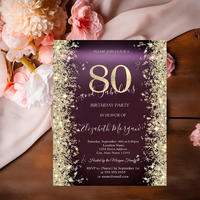 Invitación Diamantes Brillo Dorado Borgoña 80 Cumpleaños (Subido por el creador)