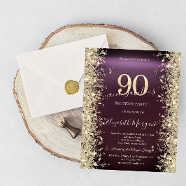 Invitación Diamantes Brillo Dorado Borgoña 90 Cumpleaños