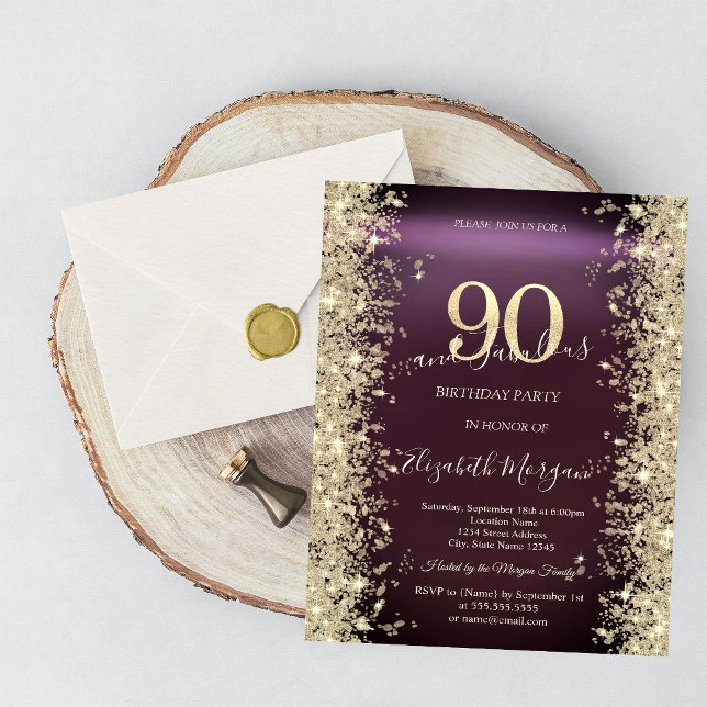Invitación Diamantes Brillo Dorado Borgoña 90 Cumpleaños (Subido por el creador)