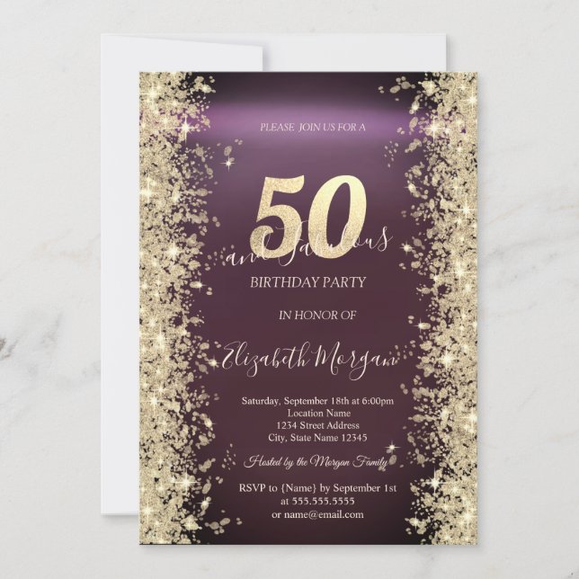 Invitación Diamantes Brillo Dorado Borgoña Cumpleaños 50 (Anverso)