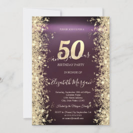 Invitación Diamantes Brillo Dorado Borgoña Cumpleaños 50