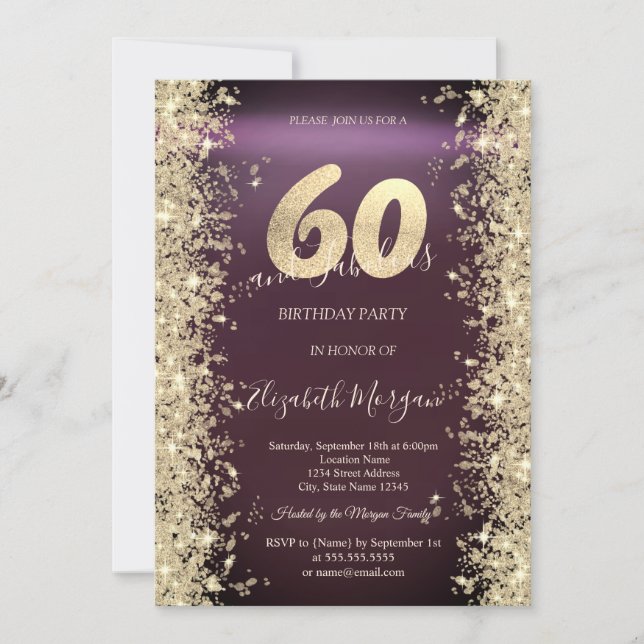 Invitación Diamantes Brillo Dorado Borgoña Cumpleaños 60 (Anverso)