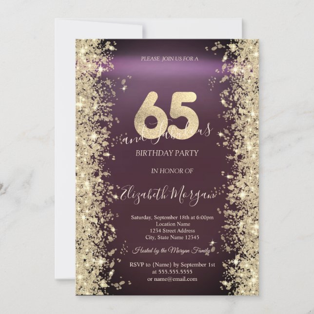 Invitación Diamantes Brillo Dorado Burgundy 65 Cumpleaños (Anverso)