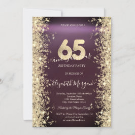 Invitación Diamantes Brillo Dorado Burgundy 65 Cumpleaños