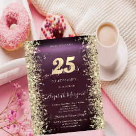 Invitación Diamantes Brillo Dorado Burgundy Cumpleaños 25
