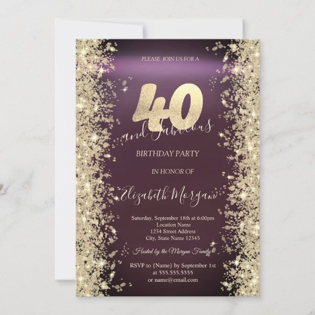 Invitación Diamantes Brillo Dorado Burgundy Cumpleaños 40 (Anverso)