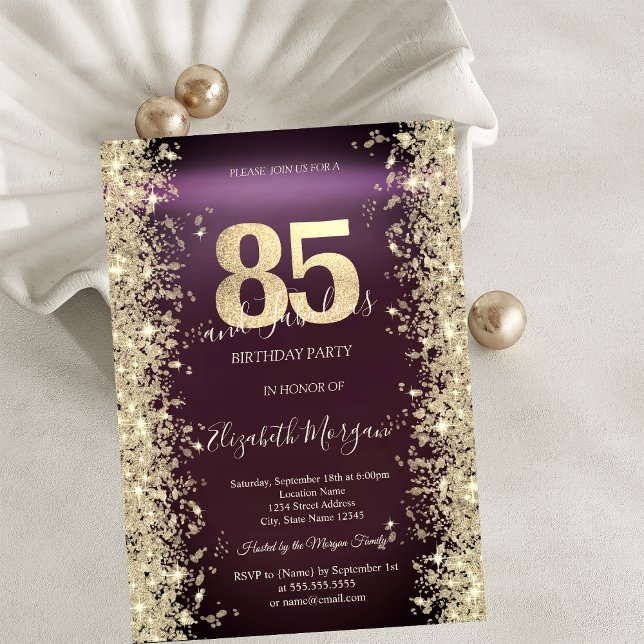 Invitación Diamantes Brillo Dorado Burgundy Cumpleaños 85 (Subido por el creador)