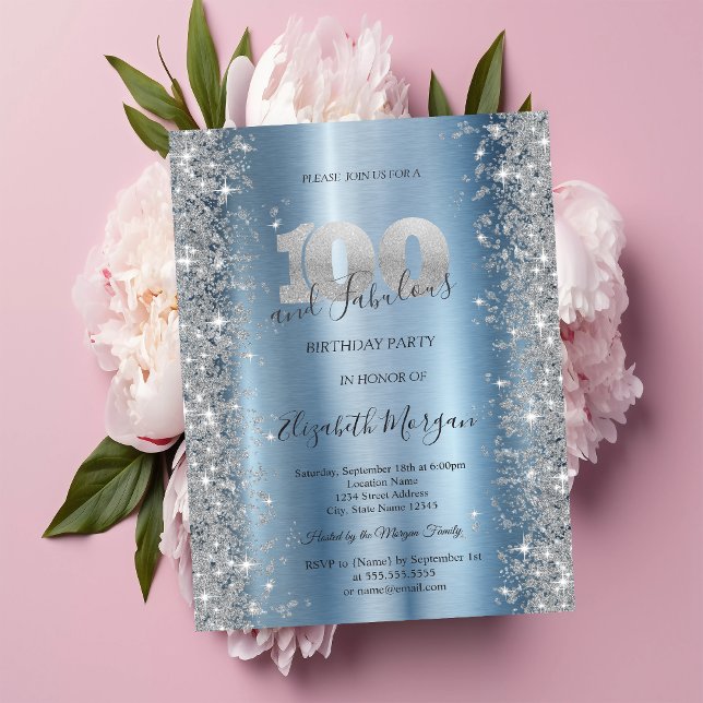 Invitación Diamantes Brillo Plateado Azul Cumpleaños 100 (Subido por el creador)