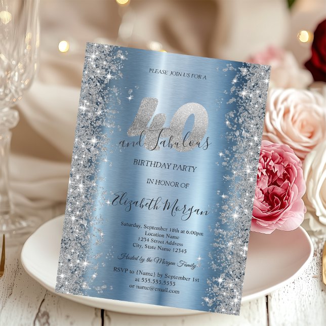 Invitación Diamantes Brillo Plateado Azul Cumpleaños 40 (Subido por el creador)
