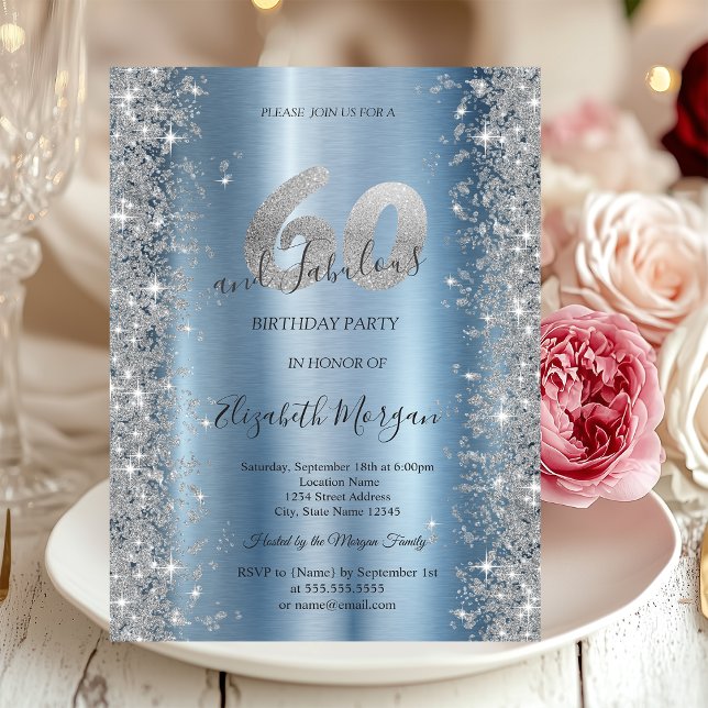 Invitación Diamantes Brillo Plateado Azul Cumpleaños 60 (Subido por el creador)