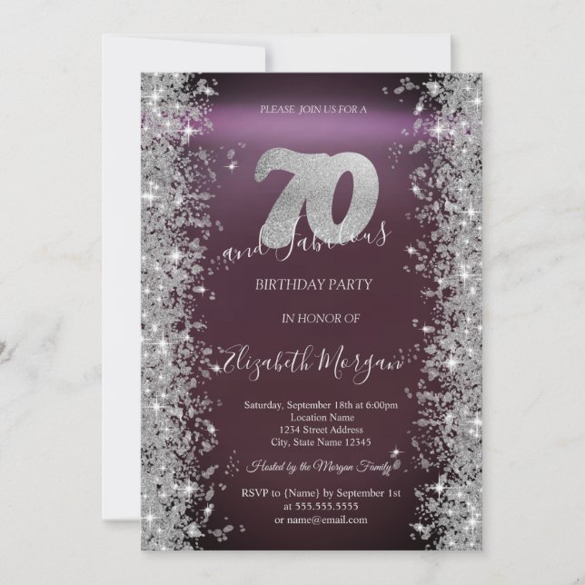 Invitación Diamantes Brillo Plateado Borgoña 70 Cumpleaños (Anverso)