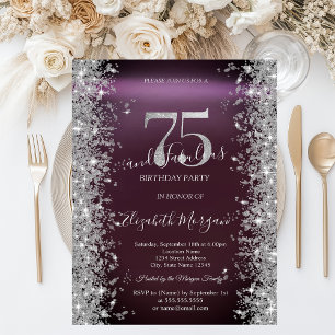 Invitación Diamantes Brillo Plateado Borgoña 75 Cumpleaños
