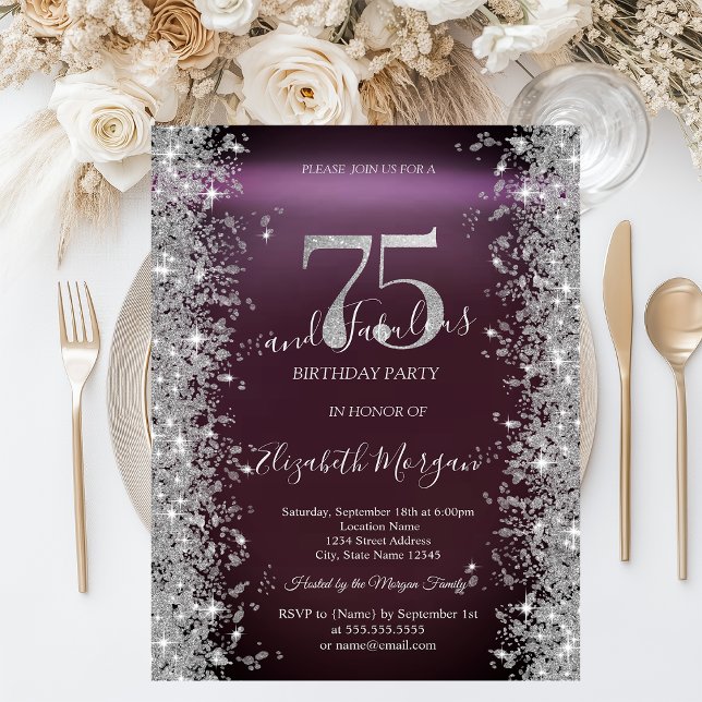 Invitación Diamantes Brillo Plateado Borgoña 75 Cumpleaños (Subido por el creador)