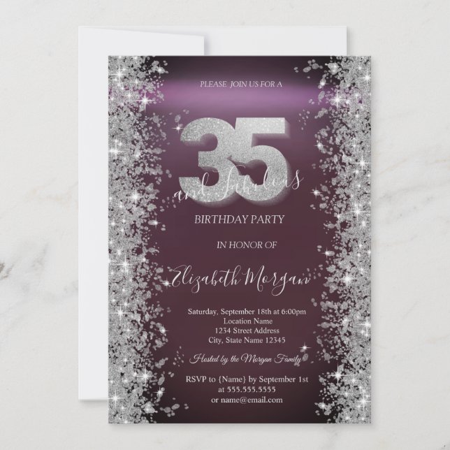 Invitación Diamantes Brillo Plateado Borgoña Cumpleaños 35 (Anverso)