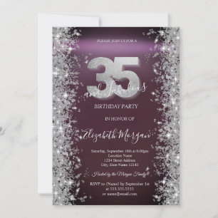 Invitación Diamantes Brillo Plateado Borgoña Cumpleaños 35