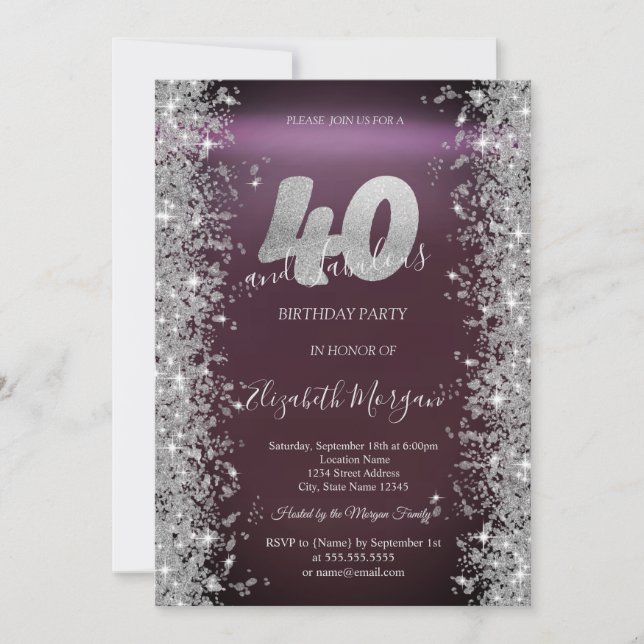 Invitación Diamantes Brillo Plateado Borgoña Cumpleaños 40 (Anverso)