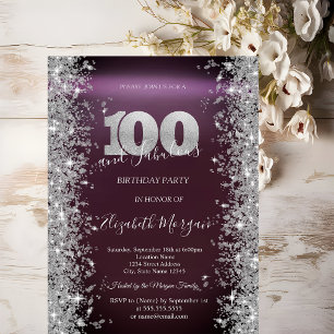 Invitación Diamantes Brillo Plateado Burgundy 100 Cumpleaños