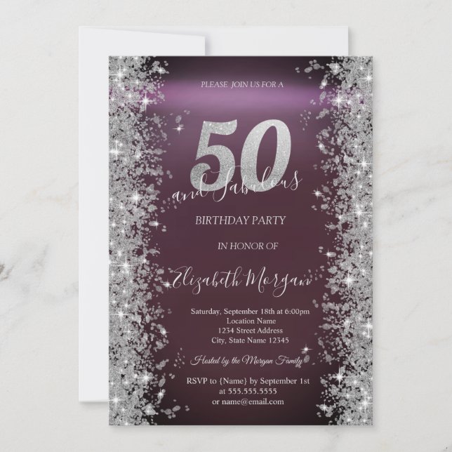Invitación Diamantes Brillo Plateado Burgundy 50 Cumpleaños   (Anverso)