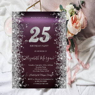 Invitación Diamantes Brillo Plateado Burgundy Cumpleaños 25