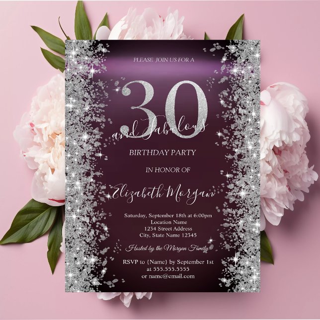 Invitación Diamantes Brillo Plateado Burgundy Cumpleaños 30 (Subido por el creador)