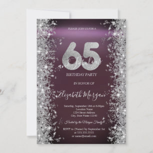 Invitación Diamantes Brillo Plateado Burgundy Cumpleaños 65