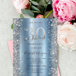 Invitación Diamantes Brillo Plateado Cumpleaños 30 Azul