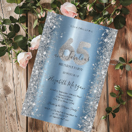 Invitación Diamantes Brillo Plateado Cumpleaños 65 Azul