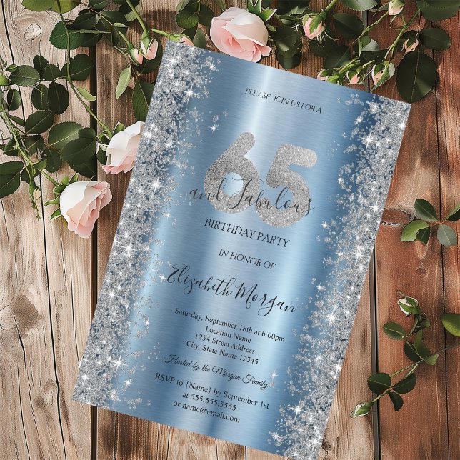 Invitación Diamantes Brillo Plateado Cumpleaños 65 Azul (Subido por el creador)