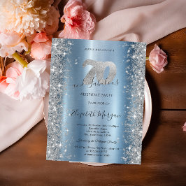 Invitación Diamantes Brillo Plateado Cumpleaños 70 Azul