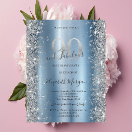 Invitación Diamantes Brillo Plateado Cumpleaños 90 Azul