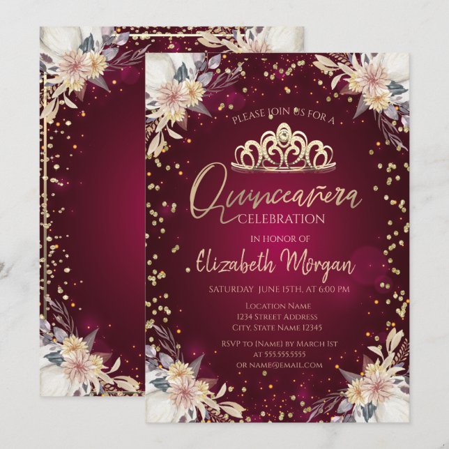 Invitación Diamantes Burgundy Calabaza Floral Quinceañera (Anverso / Reverso)