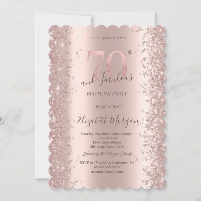 Invitación Diamantes con Brillo de Oro Rosa para 70 Cumpleaño (Anverso)