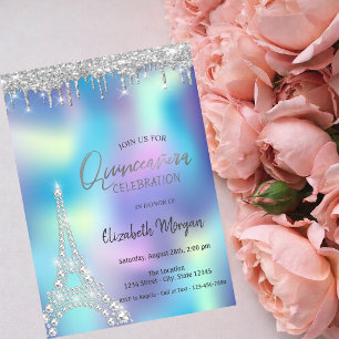 Invitación Diamantes de Brillo Caído Torre Eiffel Quinceañera