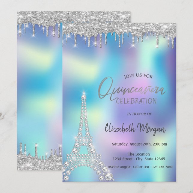 Invitación Diamantes de Brillo Caído Torre Eiffel Quinceañera (Anverso / Reverso)