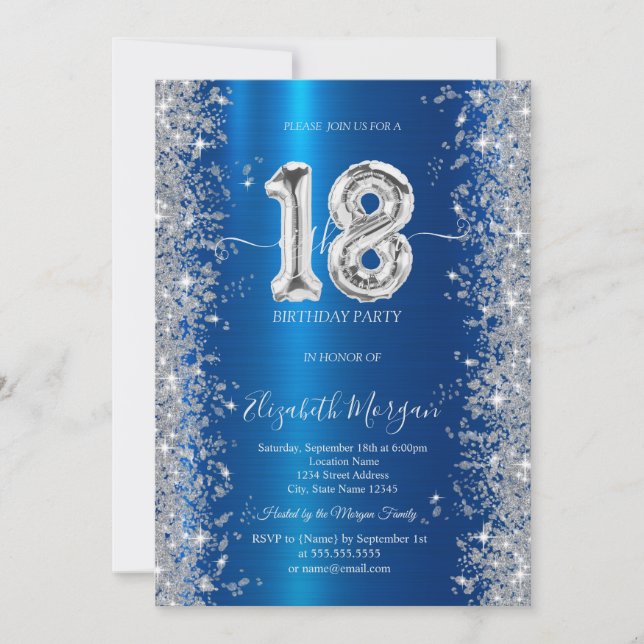 Invitación Diamantes de brillo plateado Cumpleaños 18 Royal B (Anverso)