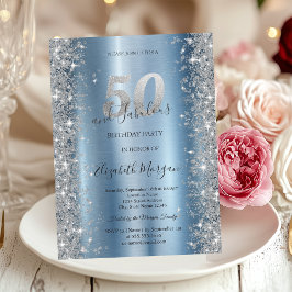 Invitación Diamantes de brillo plateado Cumpleaños 50 Azul  